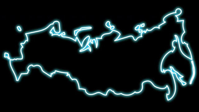 Neon map of Russia in one line. Borders of the state. Animation of a shining neon lamp on a black background. Stock video with alpha channel. Futuristic motion graphics with flickering. 