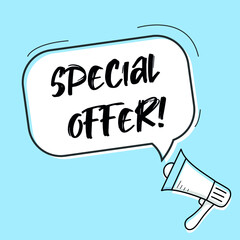 Male hand holding megaphone with special offer speech bubble. Loudspeaker. Banner for business, marketing and advertising. Vector illustration.