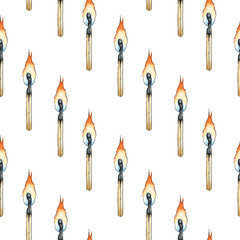 Watercolor illustration of a simple pattern of a burning match. Get the flame. Light the fire. Burnt wooden stick. Hand drawn doodles. Isolated on white background. Drawn by hand.