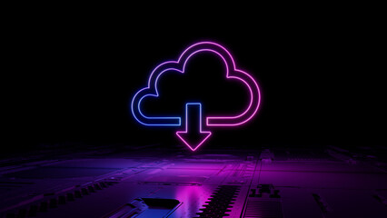 Pink and Blue neon light cloud download icon. Vibrant colored Data storage technology symbol, on a black background with high tech floor. 3D Render