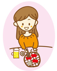 一人で焼肉を焼いてビールを飲むかわいいおひとり様女性の手書きイラスト・一人焼肉・一人飲み