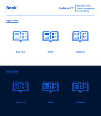 Fototapeta premium Open Book Icon. Magazine. Editable Lines/Stroke and Color changeable, 3 icon styles. Duo Tone, Filled, Outlined, Dark Theme, Light Theme.