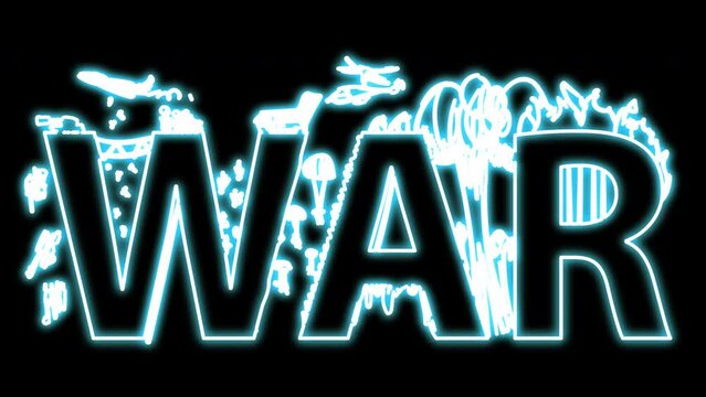  War Neon sign and shining doodle illustrations. Lettering and the picture of combat events. A belligerent with tanks, planes, multiple launch rocket systems, fire, soldiers. 