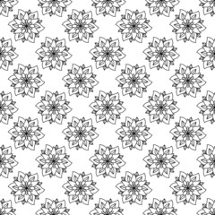 Seamless floral pattern minimal and geometric textures. Black outline isolated on white background. Simple mandala flower elements.