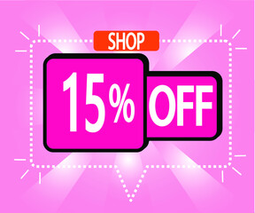 15% discount. vector illustration in pink for stores, shopping and promotion. banner for special offer