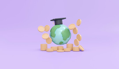 3d rendering of graduation cap icon coins and global icon concept of saving money for education on background. 3d render illustration cartoon style.
