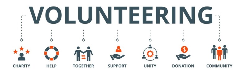 Fototapeta na wymiar Volunteering banner web icon vector illustration concept for volunteer aid assistant with icon of charity, help, together, support, unity, donation, and community