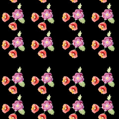 Fototapeta na wymiar Watercolor flowers pattern with black background textile factory clothing dress poppies and rose leaves buds