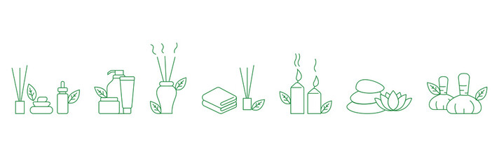 Fototapeta premium Spa and wellness treatments Flat Icon set, thin and linear designs. Simple isolated concept illustration. incense sticks, cosmetic cream, candles, spa stones