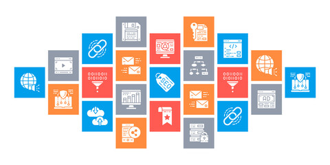 SEO flat design web banner. Bookmark, Hosting, Hyperlink, Advertisement, Data Transfer line icons isolated on white background.