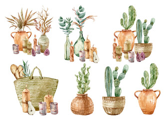 Watercolor hand painted boho flowers and cacti clipart set. Hand drawn dessert plants illustrations isolated on white background. Botanical illustration for sublimation, wedding card, print, pattern.