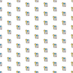 Vector document with key, certificate, safe paper pattern with various icons.