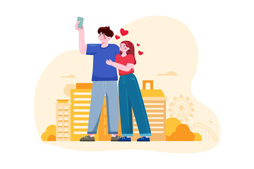 Couple taking a selfie Illustration concept. Flat illustration isolated on white background.