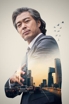 Creative pictures of confident men businessmen in synthetic cities Composite image
