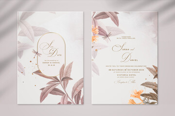 Floral Wedding Invitation and Save the Date with Brown Foliage