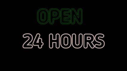 Neon sign animation Open 24 hours on a black background. Green neon sign Open 24 hours in and red neon color suitable for store or bar and night club,casino.4K footage business concept