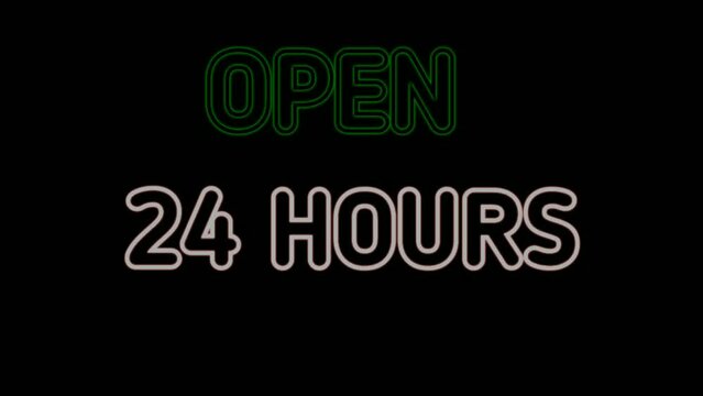 Neon sign animation Open 24 hours on a black background. Green neon sign Open 24 hours in and red neon color suitable for store or bar and night club,casino.4K footage business concept