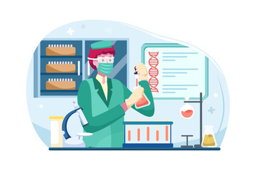 Doctor scientist man in a mask holding lab tube working on coronavirus vaccine Illustration concept