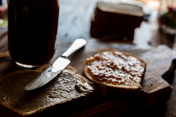 selective focus on butter knife edge used to spread a sunflower butter 