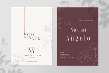 Minimalist Wedding Invitation and Save the Date with Maroon Background