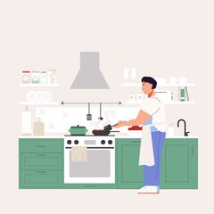 The man is cooking in the kitchen. Apron for cooking. Cozy kitchen with appliances and utensils.