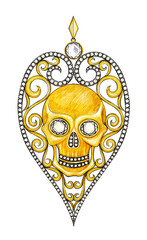 Jewelry design art vintage heart mix skull pendant. Hand drawing and painting on paper.