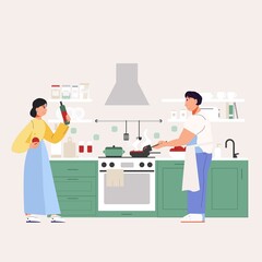 The couple is cooking in the kitchen. Apron for cooking. Cozy kitchen with appliances and utensils.