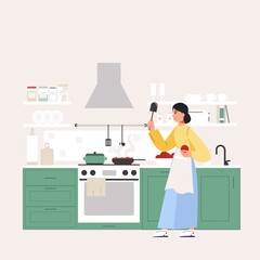 The woman is cooking in the kitchen. Apron for cooking. Cozy kitchen with appliances and utensils.