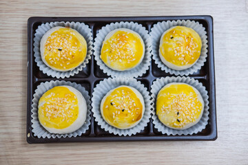 Delicious Chinese pastry or moon cake filled with mung bean paste.