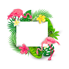 Fototapeta na wymiar Frame with tropical leaves, flowers, flamingos. Place for text. Template for announcement, invitation, flyer. Vector illustration.