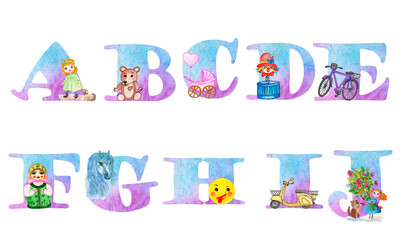 Alphabet set with blue watercolor fill and with cute children 's toys .The set is suitable for greeting cards, invitations, for design works,crafts and hobbies.