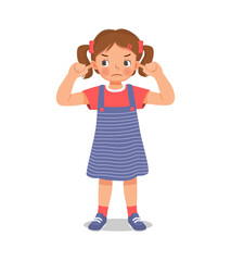 Cute little girl not listening plugging and covering her ears with fingers from noisy loud sound showing annoyed facial expression