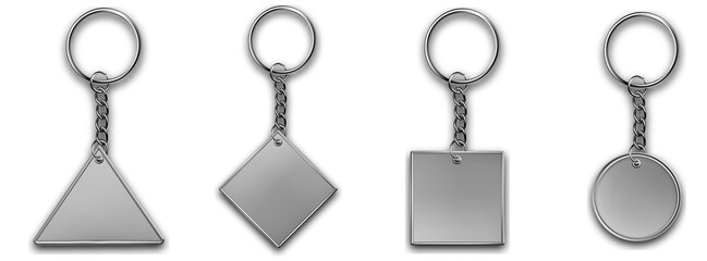 Leather different shapes keychain, trinket keyring mockup. Keyholder and breloque illustration. Keyring holders isolated on white background. Blank accessory.