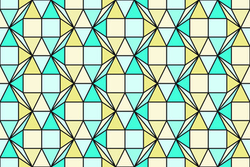 Tessellated repeating 3d effect decagon pattern of connected black outlines filled with pale blue and brown squares and triangles, geometric vector illustration