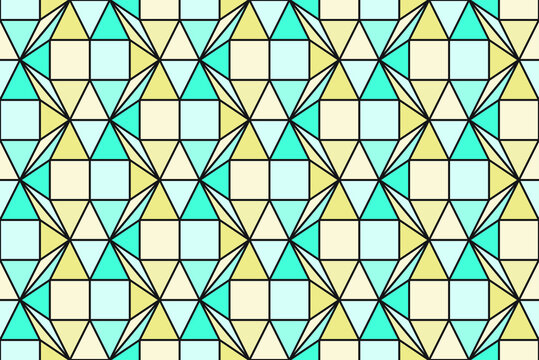 Tessellated repeating 3d effect decagon pattern of connected black outlines filled with pale blue and brown squares and triangles, geometric vector illustration