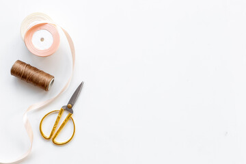Sewing background with tailor and knitting accessories. Tailoring scissors