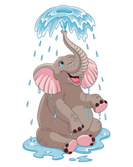 Funny elephant bathing cartoon vector illustration
