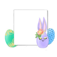 illustrated easter card with copy space.  Square text box decorated with easter eggs and elements in pastel colors