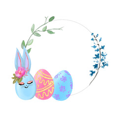 Easter card with copy space. Colorful easter eggs, decorations, and floral elements with copy space