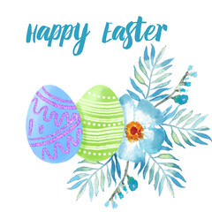 Easter card with copy space. Happy Easter illustration with painted eggs, floral elements, and caligraphy test