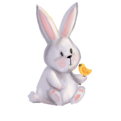 watercolor illustration of a cute bunny rabbit holding a chicken. Easter Bunny illustration
