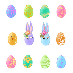 illustration set of 12 decorated colorful easter eggs isolated on white. illustration of easter eggs and easter bunnies