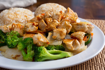 A view of a plate of teriyaki chicken and rice.
