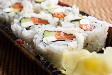 A view of a philly sushi cut roll.