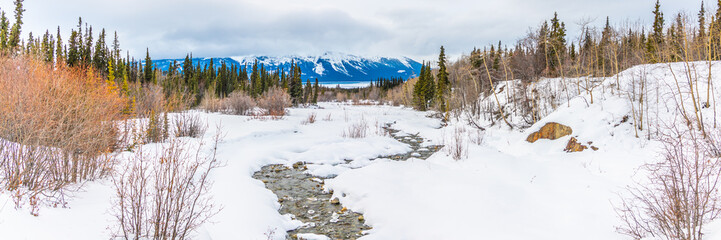 Winter landscape scene in Canada with snow capped mountains and running creek. 