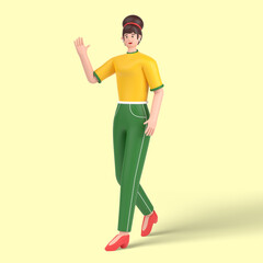 3d female character walking go waving hand say hello