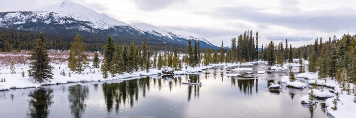 Panoramic reflection shot in open waater of a lake during winter season in Canada. 