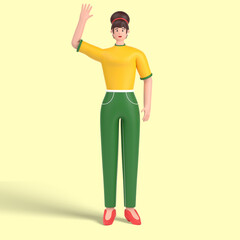 3d female character saying hello with waving hand