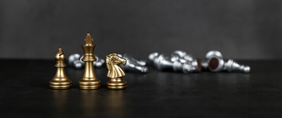 King chess standing with knight and bishop on falling chess concepts of wining to challenge or...