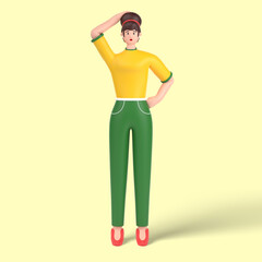 3d female character confused and annoyed, holding hands on waist pose